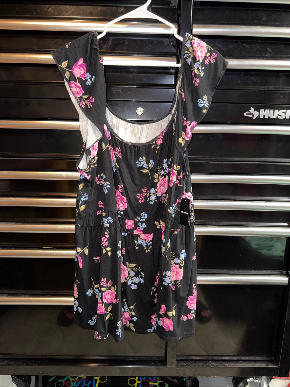 torrid Black Floral Ruffle-Sleeve Top with Pink & Blue Roses
